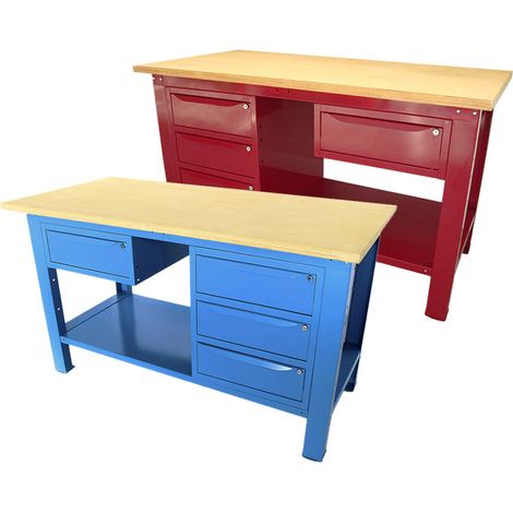 Banco da lavoro SOGI 1,5 metri con piano in legno + armadio a 3 cassetti + 1 cassetto, ColoreBlu (1/5)