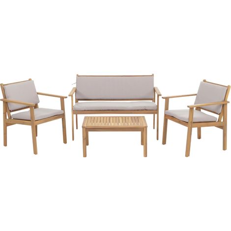 Conjunto de salón de jardín de madera de acacia con mesa banco y 2 sillas con cojines grises 040009664
