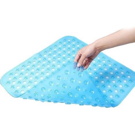 JSSEVN - Non-slip square shower mat with suction cups and drainage holes, extra long PVC, for bathroom, hotel, shower (light blue) 53 x 53 cm (1/5)