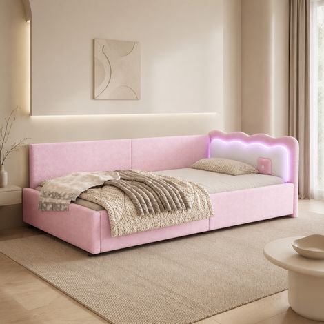 Cama 90 x 200 cm con iluminación LED ambiental, MDF y tejido no tejido, rosa HAVRYA (1/5)