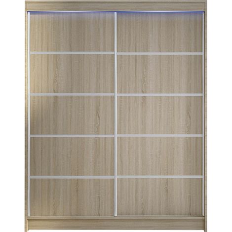 Armario Closico Vastor IV, Roble Sonoma, 200x150x58cm, Puertas de armario: Correderas, Número de estantes: 5, LED (1/4)