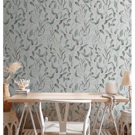 Papier peint fleurs, bleu et vert, ambiance champêtre, salon, cuisine, 397452 (1/4)