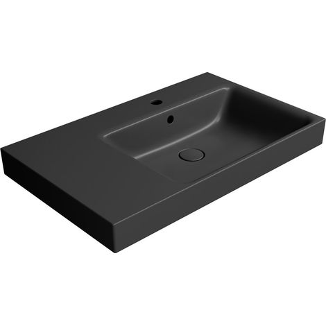 Lavabo en céramique NUBES 80x50cm, étagère à gauche, noir mat (1/3)