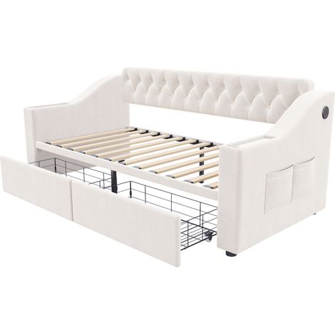 Letto imbottito 90 x 190 cm in velluto beige con contenitori, porte USB e telaio metallico (1/5)