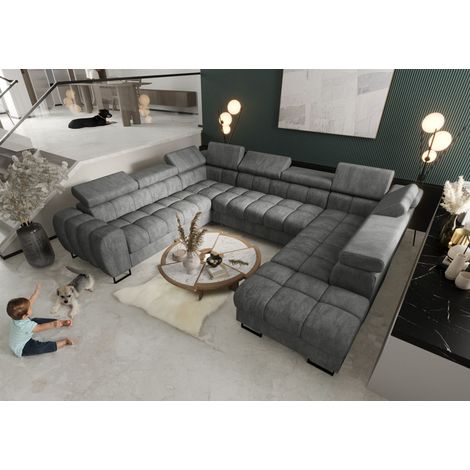 Wohnlandschaft Schlafsofa BASTIEN XL in Stoff Terra Grau Ottomane Rechts