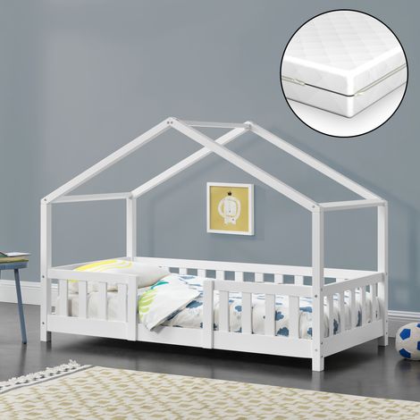 Lit d'enfant en forme de maison Treviolo avec matelas 70 x 140 cm bois de pin blanc [en.casa] (1/5)
