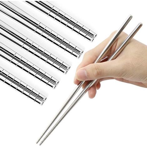 Baguettes en acier inoxydable - KZQ - 5 paires - Antidérapantes - Lavables au lave-vaisselle - Réutilisables (1/4)