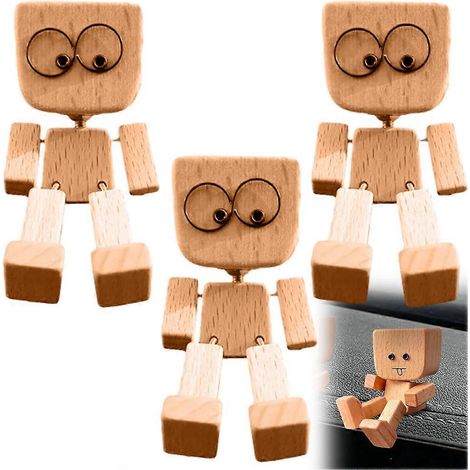 Lot de 3 figurines en bois à secouer, jouet de tableau de bord en bois avec 12 expressions amusantes, décoration de voiture à bascule, figurine magnétique (1/5)
