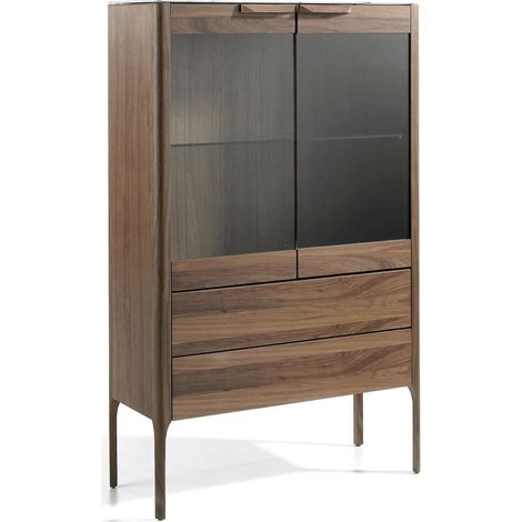 Vitrine plateau marbre porcelaine éclairage intérieur 1 étagère verre 2 tiroirs système push+soft - Noyer, gris fumé, transparent, blanc, gris (1/5)