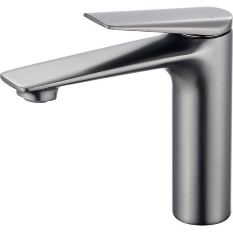 Waschtischarmatur aus reinem Kupfer, niedriges und kompaktes Design, Zweigriffschalter, grau.