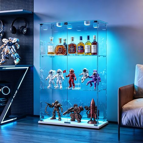 JOOKGBD-Glasvitrine,2 Tür vitrinenschrank 3 Regalen transparent, mit Schloss und LED,Sammlerstücke Glasvitrine,Bücherregal aus Glas,Vertikale Glasvitrine,für Wohnzimmer Schlafzimmer Büro,Weiß