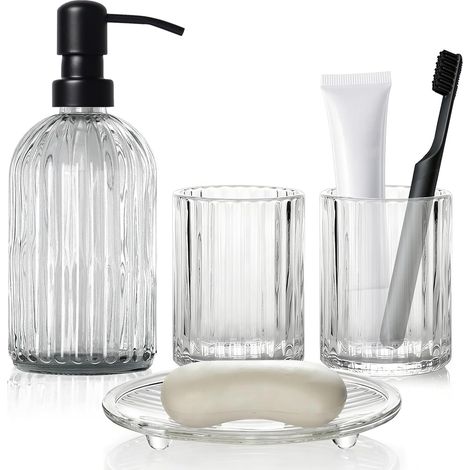 Lot de 4 accessoires de salle de bain en verre transparent - Distributeur de savon, porte-brosse à dents, gobelet et porte-savon, distributeur de savon décoratif et gobelet à brosse à dents (1/5)