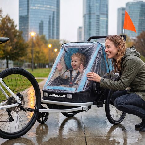Remorque vélo enfant 2 places, pliable 2 en 1, avec siège et sangles réglables, bleue (1/5)