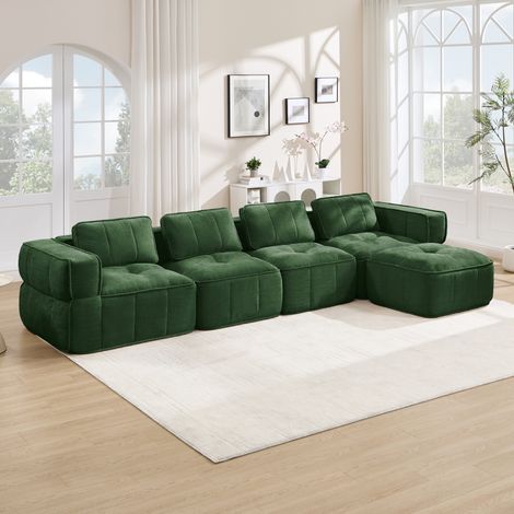 Canapé d’angle modulable 4 places avec pouf, tissu polyester, vert (1/5)