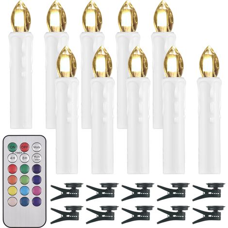 Paquet de 10 bougies sans flamme avec télécommande et clip, luminosité réglable, LED vacillantes, alimentées par piles, fausses bougies chauffe-plat électriques sans fil pour décoration de sapin de No (1/5)