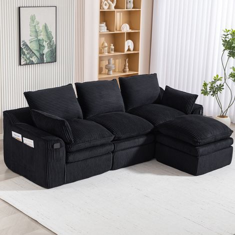 Sofas Modulares 3-Sitzer-Sofa mit Hocker, Kissen und Seitentaschen, aus schwarzem Rippenvelours (1/5)