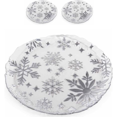 Piatti natalizi tondi in vetro con decori argentati a fiocco di neve - Set 2 pezzi Ø32,5 cm (1/3)