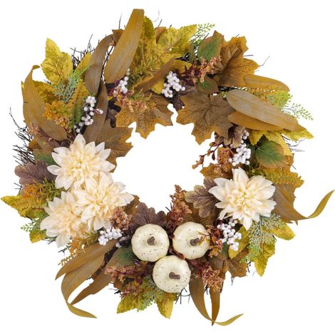 Guirlande Automnale - Couronne Artificielle Citrouille Blanche et Tournesol Blanc - Pour Porte Intérieure Extérieure - 45 cm - 1 Pièce (1/5)