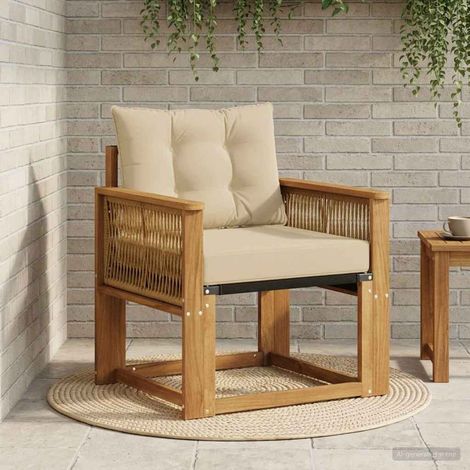 Canapé de Jardin 1 Place en Bois d'Acacia Massif Naturel avec Coussins Beige d'Extérieur - PANGIVO (1/5)
