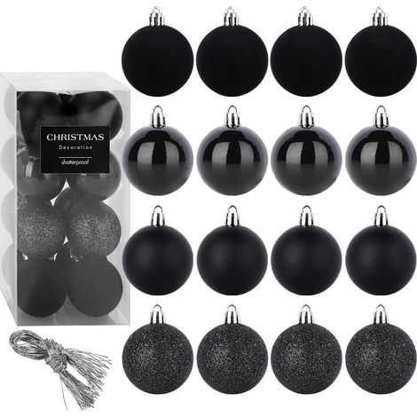 Bruchsichere schwarze Weihnachtsbaumkugeln, 16er-Set, 5 cm