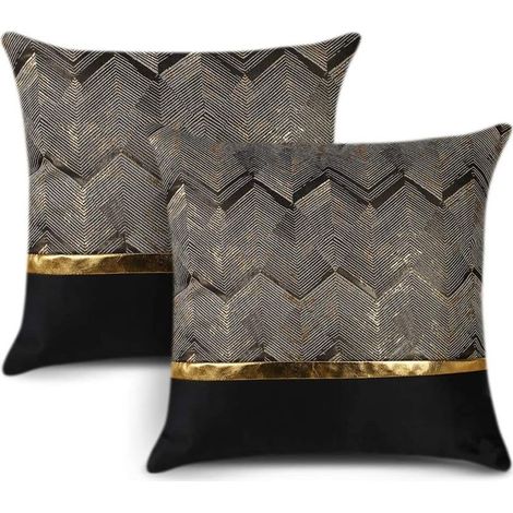 Lot de 2 45x45cm (Noir) Housse de Coussin pour Lit Canapé Canapé Décor De Voiture Luxe Moderne Minimaliste Or Cuir Couture Rayures Ondulées Taie D’oreiller Carré Housse De Coussin Housses (1/5)