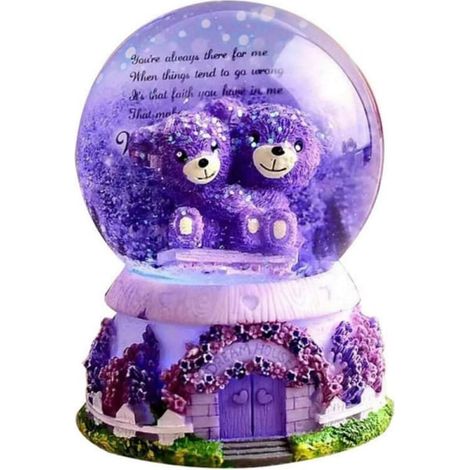 Boule à neige musicale cristal avec LED, ourson violet en résine, globe lumineux pour décoration, cadeau romantique pour amoureux, base en résine artisanale, veilleuse féerique (1/4)
