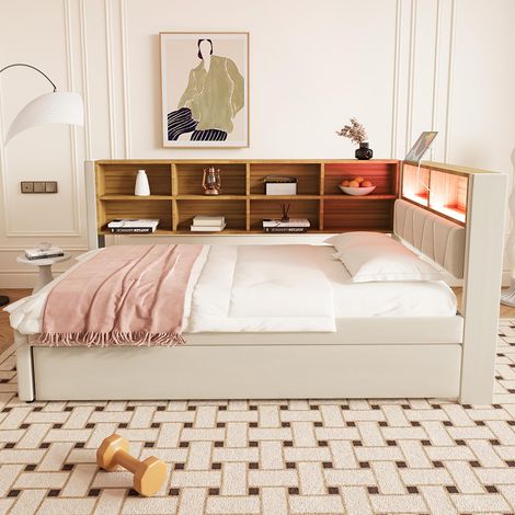 Canapé-lit 90200, lit escamotable 90190 avec éclairage LED, prises de courant et multiples compartiments de rangement, flanelle, beige (1/5)