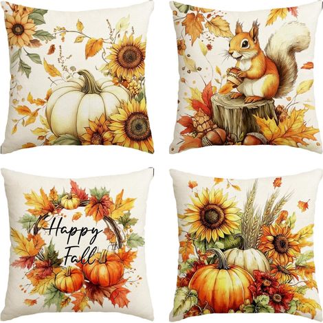 Lot 4 Housses de Coussin Automne Écureuils Citrouilles 45x45cm (1/5)