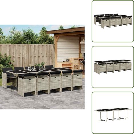 The Living Store 11-tlg. Garten-Essgruppe mit Kissen Hellgrau Poly Rattan - Gartentisch - Gartenmöbel Set - Outdoor Möbel - Esstisch - Gartenstühle
