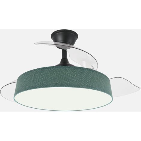 ABRILA - Ventilador Boga 72W Negro/Verde  Ventilador DC con 3 Aspas Desplegables  Tecnología LED 7200lm  Control Remoto con Memoria de Color y Temporizador  3 Temperaturas de Luz