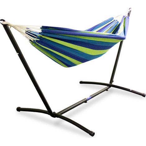 Hängematte mit Gestell Hängeliege Relaxliege Outdoor Indoor 180x140 bis 120Kg Blau/Grün (1/5)