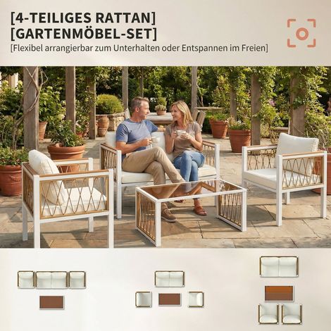 Ensemble de salon de jardin 4 pièces, mobilier d'extérieur en résine tressée avec canapé 2 places, deux fauteuils, table basse vitrée amovible, coussins et tapis antidérapant (1/4)