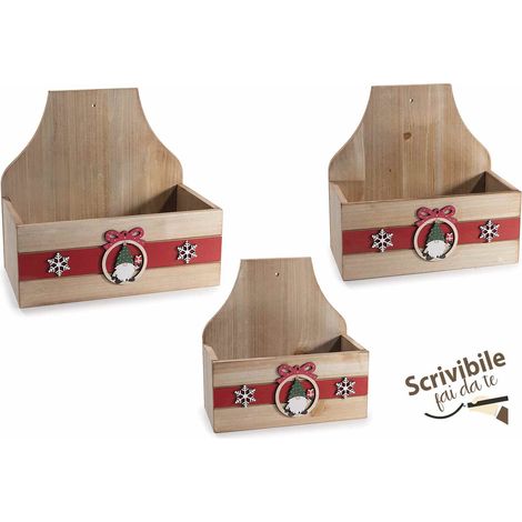 Contenitori a cestino di Natale in legno con decori natalizi in rilievo, da appendere o da appoggiare, set da 2 pezzi, Grande: cm 28 x 15,5 x 26 H