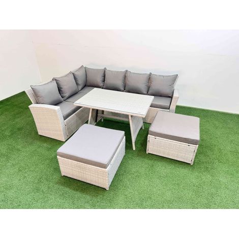 Fimous Garden Outdoor Rattan Furniture Set Rattan Corner Sofa Oblong Dining Table Set with 2 Big Footstools Light Grey Mixed 8 Seater (1/5)