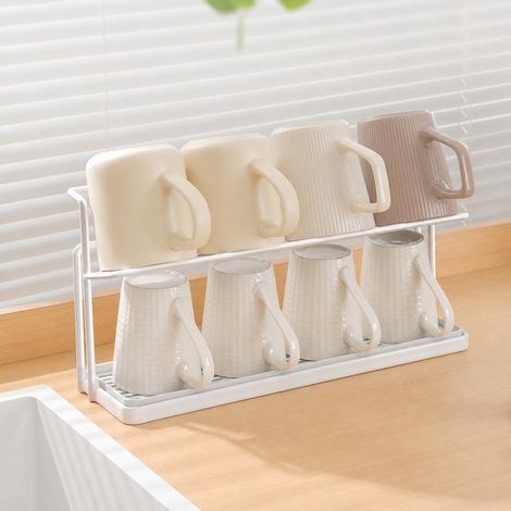 Égouttoir à tasses à deux niveaux blanc en acier au carbone, 40 x 10 x 20 cm, pour cuisine, thé et café (1/5)