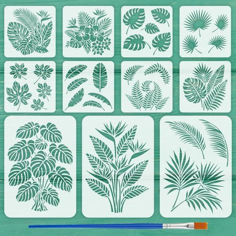 11 Pcs Pochoirs de Feuilles avec Pinceau 11 Styles Différents Pochoirs de Motif de Feuille de Plante Été Pochoir Feuille Monstera Pochoir Feuilles Papaye Gabarit Thème Été pour Bois Mur (1/5)