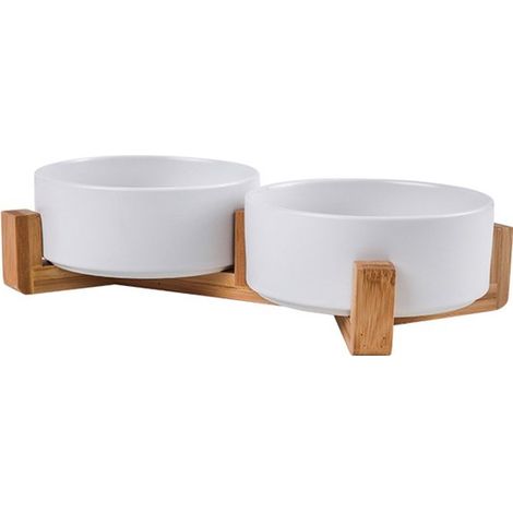 Gamelle pour animaux - Bol céramique avec support en bois - Double gamelle anti-fuite pour chien et chat - Récipient nourriture et eau pour petit animal - Bol inclinable antidérapant - Usage intérieur (1/4)