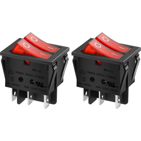 2er Wippschalter 16A 250V AC, 6 Anschlüsse, rote Leuchte Ein-Aus, Doppelpol-Schalter für Elektrogeräte (1/5)