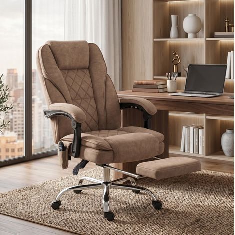 Silla de oficina ergonómica marrón con masaje, reposapiés, giratoria y con ruedas (1/5)