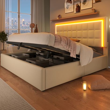 lit coffre 160x200 LED avec sommier PU blanc HAVRYA (1/5)