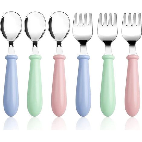Online Store - Ensemble de 3 ou 6 pièces de fourchettes et cuillères pour bébé, en acier inoxydable, avec manches ronds. (1/5)