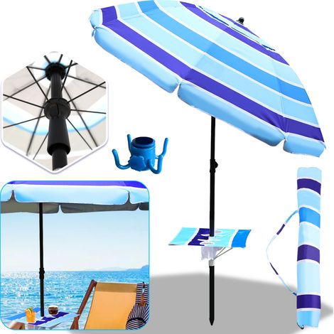 SWANEW Parasol de plage Parasol droit rond Ø210cm - mât central en orientable et Angle d'inclinaison réglable de 30 degrés, Bleu, Parapluie hawaïen (1/5)