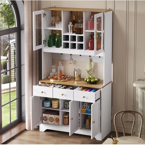 Credenza alta in MDF bianco effetto legno 94,5x30x175,5 cm, 5 ante, 3 cassetti e vani aperti