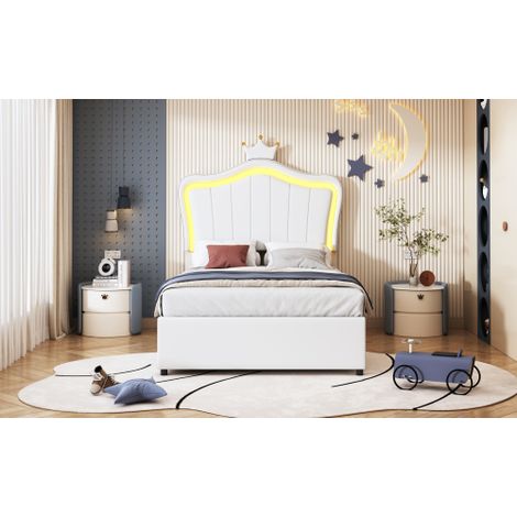 Lit pour enfant rembourré (90 x 200 cm) – Motif couronne avec éclairage LED, coffre de rangement hydraulique et tête de lit réglable lit une place avec rangement (sommier à lattes inclus), similicuir (1/5)