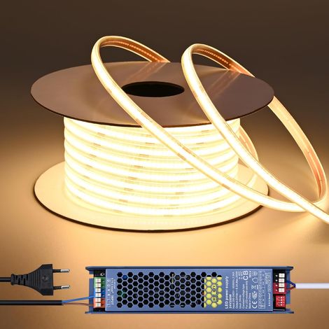 Ruban LED COB 24V Exterieur Etanche 20m avec Transformateur Bande LED Flexible Découpable 7W/m 312LEDs/m CRI 93 pour Chambre, Cour, Pergola Extérieur (1/5)