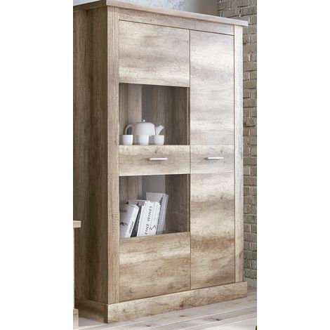 Pegane – Buffet haut en panneau mélaminé chêne vieilli – Longueur 125 cm x Profondeur 41,8 cm x Hauteur 174,7 cm – 2 portes, 2 tiroirs, 6 casiers (1/2)