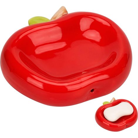 Rouge Porte-savon en céramique en forme de pomme, joli porte-savon avec trous de drainage, sans couvercle, pour comptoir de salle de bain et de cuisine (1/5)