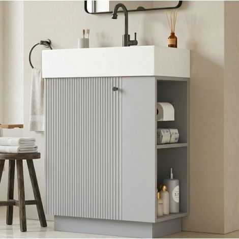 Badmöbel mit Waschbecken 55 cm, Grau, MDF, mit Stauraum und Soft-Close-Tür HAVRYA (1/5)