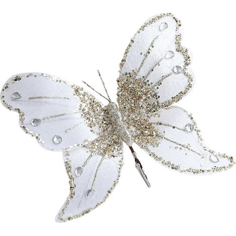 Glitzernder Schmetterling als Weihnachtsdekoration, bruchsicherer Schaumstoffstoff, Hängeornament für Kaminsims und Fenster, Weiß (1/5)