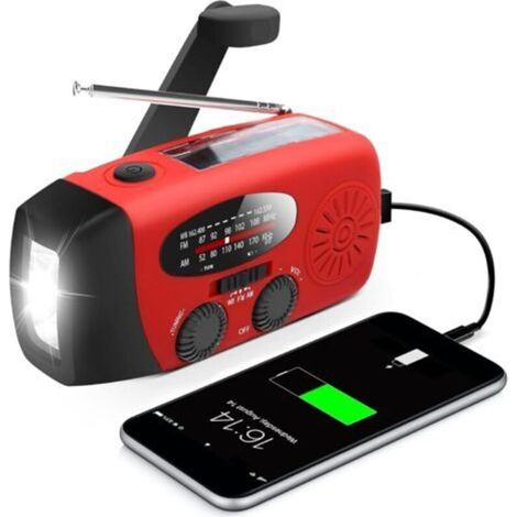 Radio AM FM NOAA - Prévisions Météo - Lampe Bouteille LED - Banque d'Alimentation 600 mAh - Recharge Solaire Manuelle USB - Étanche IPX3 - 129 x 60 x 45 mm (1/5)
